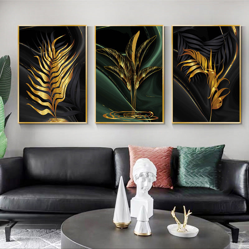 Black Green Golden Palm Leaves Wall Art Fine Art Canvas Prints Modern Tropical Botanical Pictures For Living Room Dining Room Home Office Decor