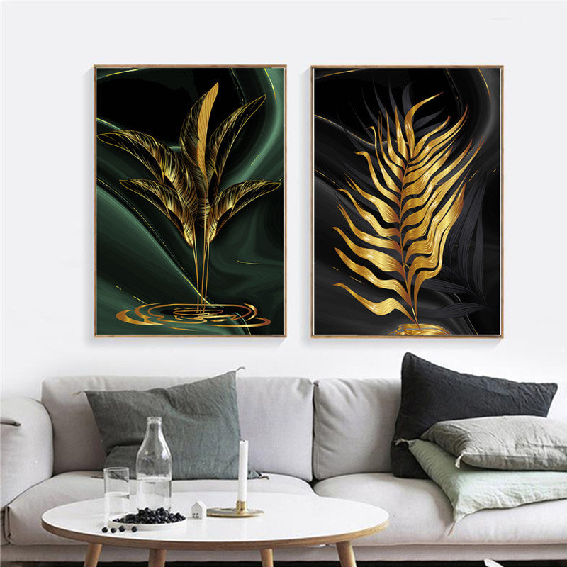 Black Green Golden Palm Leaves Wall Art Fine Art Canvas Prints Modern Tropical Botanical Pictures For Living Room Dining Room Home Office Decor