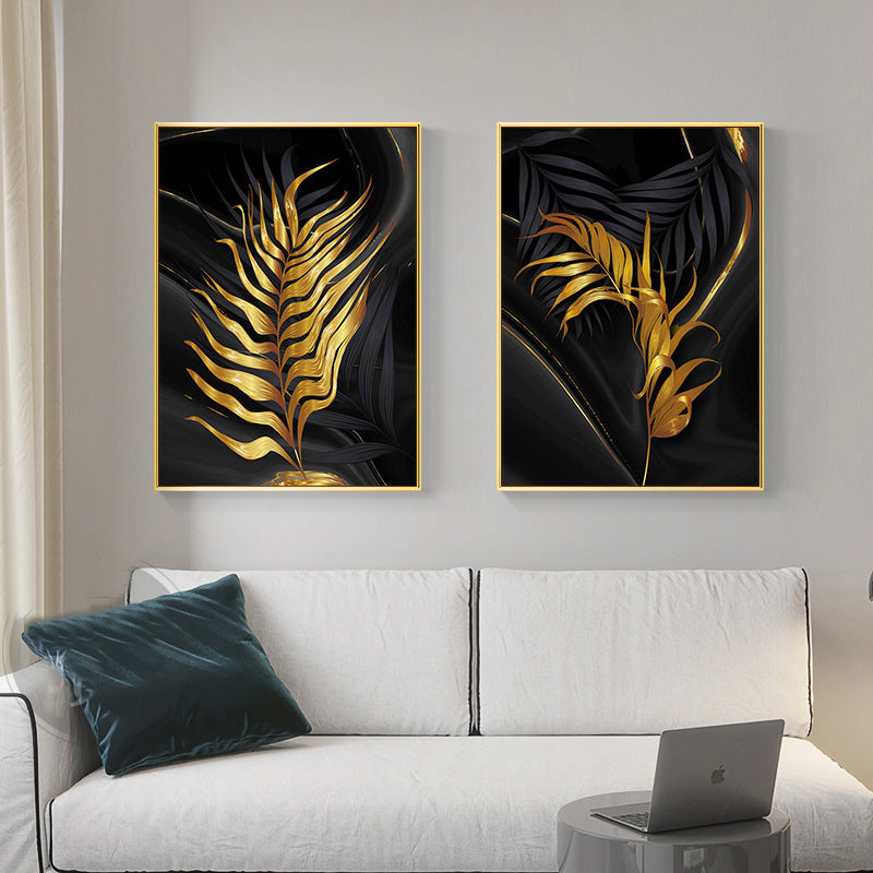 Black Green Golden Palm Leaves Wall Art Fine Art Canvas Prints Modern Tropical Botanical Pictures For Living Room Dining Room Home Office Decor