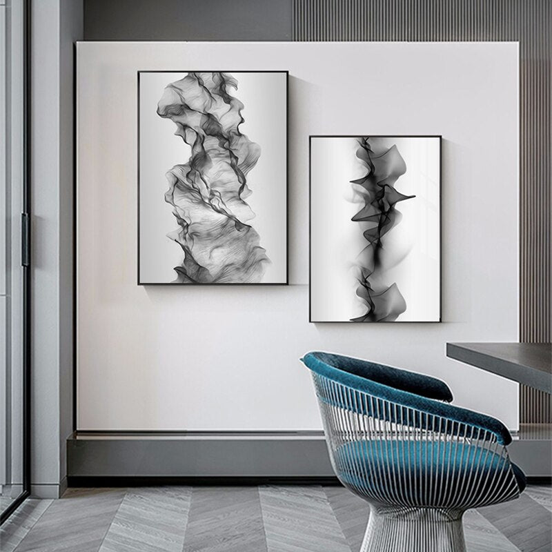 Black White Vapor Flowing Wall Art Fine Art Canvas Prints Minimalist Abstract Pictures For Modern Apartment Living Room Home Office Interior Decor