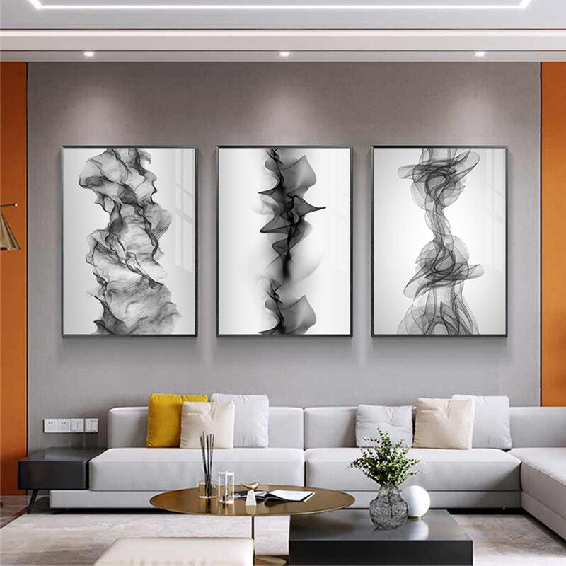 Black White Vapor Flowing Wall Art Fine Art Canvas Prints Minimalist Abstract Pictures For Modern Apartment Living Room Home Office Interior Decor