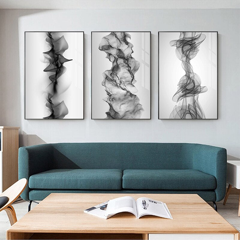 Black White Vapor Flowing Wall Art Fine Art Canvas Prints Minimalist Abstract Pictures For Modern Apartment Living Room Home Office Interior Decor