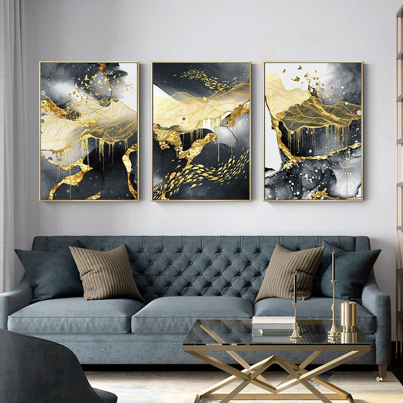 Black Golden Flowing Abstract Landscape Wall Art For Loft Apartment Living Room Art Decor 2022