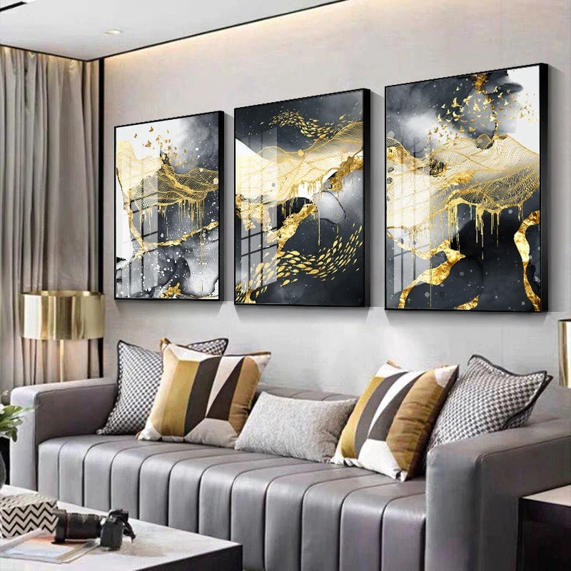 Black Golden Flowing Abstract Landscape Wall Art For Loft Apartment Living Room Art Decor 2022