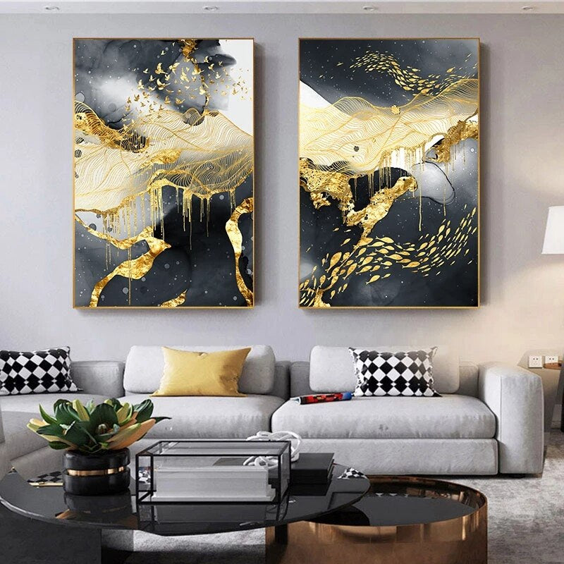 Black Golden Flowing Abstract Landscape Wall Art For Loft Apartment Living Room Art Decor 2022