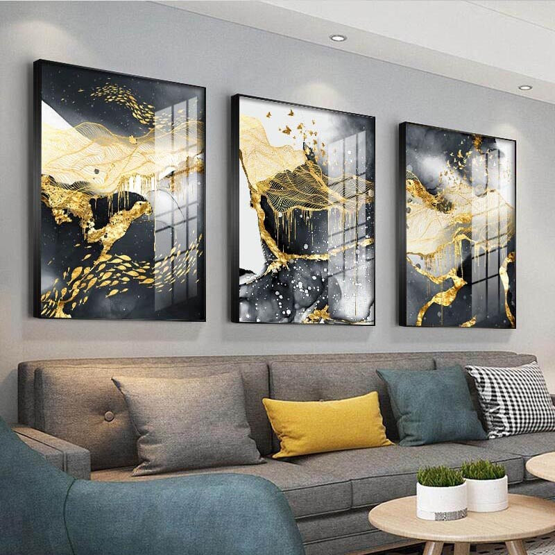 Black Golden Flowing Abstract Landscape Wall Art For Loft Apartment Living Room Art Decor 2022