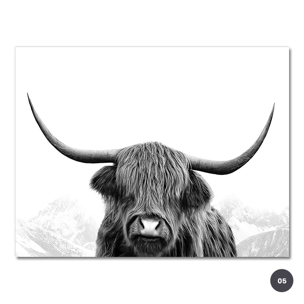 Black & White Highland Cattle Wall Art Fine Mountain Yak Bison Pictures For Living Room Dining Room Home Office Scandinavian Interior Decor