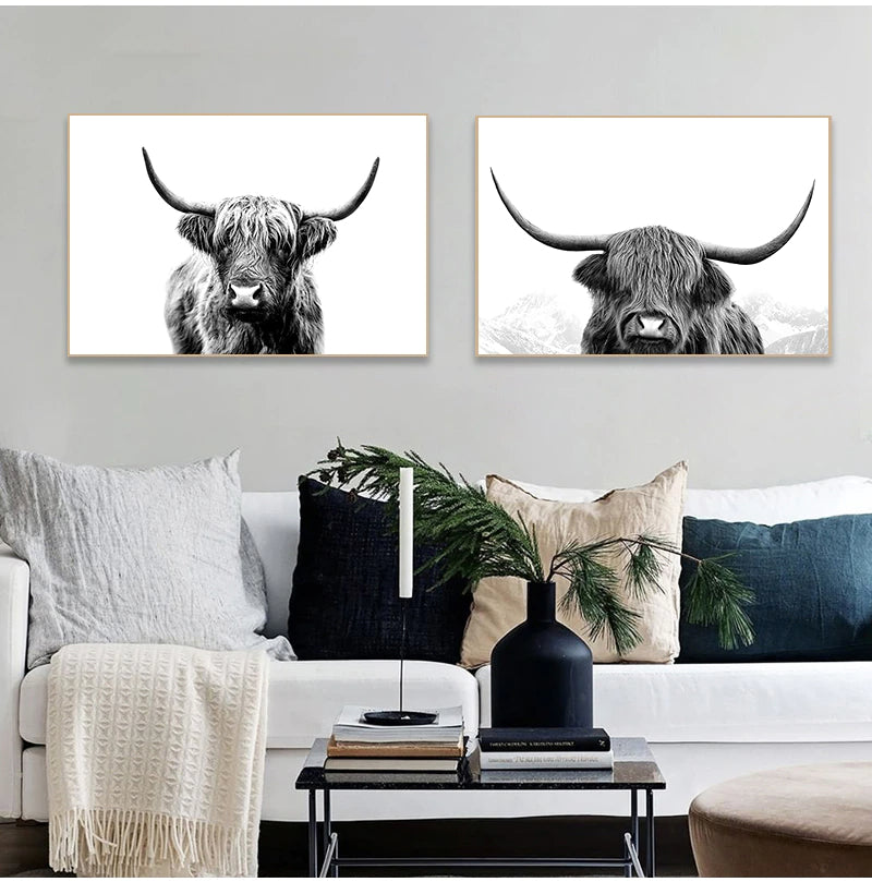 Black & White Highland Cattle Wall Art Fine Mountain Yak Bison Pictures For Living Room Dining Room Home Office Scandinavian Interior Decor