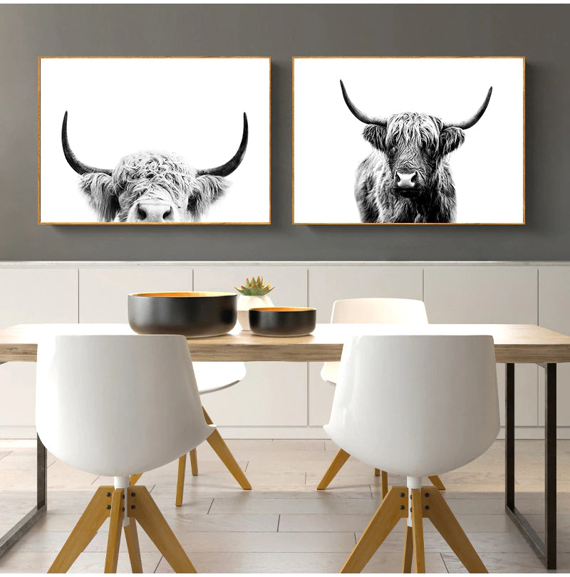 Black & White Highland Cattle Wall Art Fine Mountain Yak Bison Pictures For Living Room Dining Room Home Office Scandinavian Interior Decor