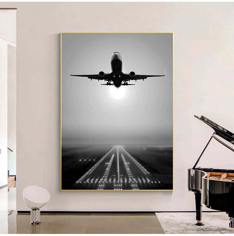 Black & White Takeoff Airplane Runway Wall Art Fine Art Canvas Print Inspirational Travel Poster Pictures For Living Room Bedroom Home Office Art Decor