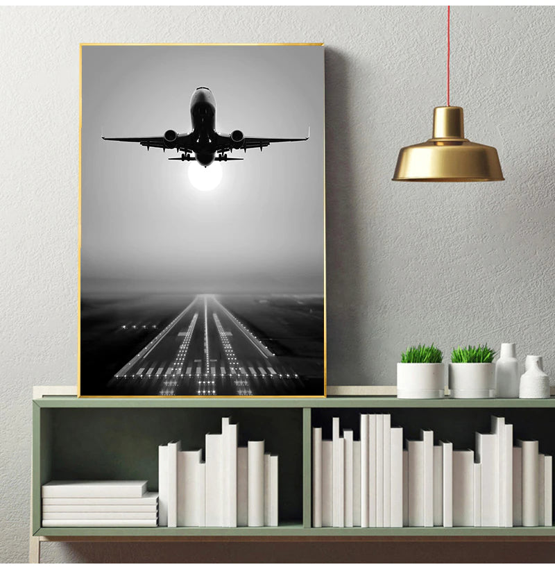 Black & White Takeoff Airplane Runway Wall Art Fine Art Canvas Print Inspirational Travel Poster Pictures For Living Room Bedroom Home Office Art Decor