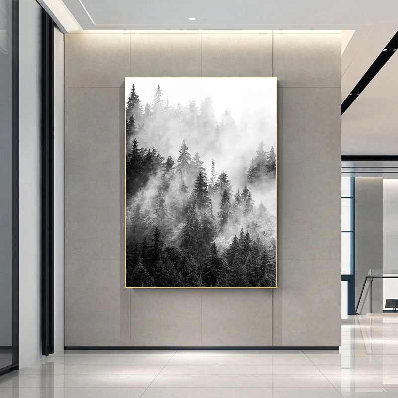 Black & White Misty Wilderness Forest Wall Art Fine Art Canvas Prints Minimalist Nordic Landscape Pictures For Living Room Scandinavian Interior Decor