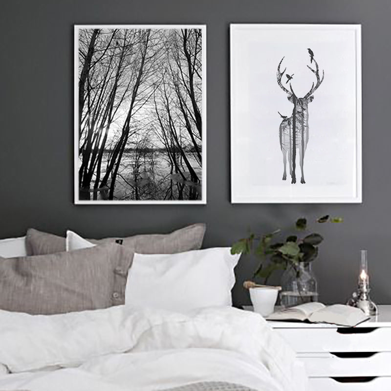 Black And White Forest Deer Minimalist Nordic Wall Art Fine Art Canvas Prints Scandinavian Style Pictures For Bedroom Living Room Home Decor