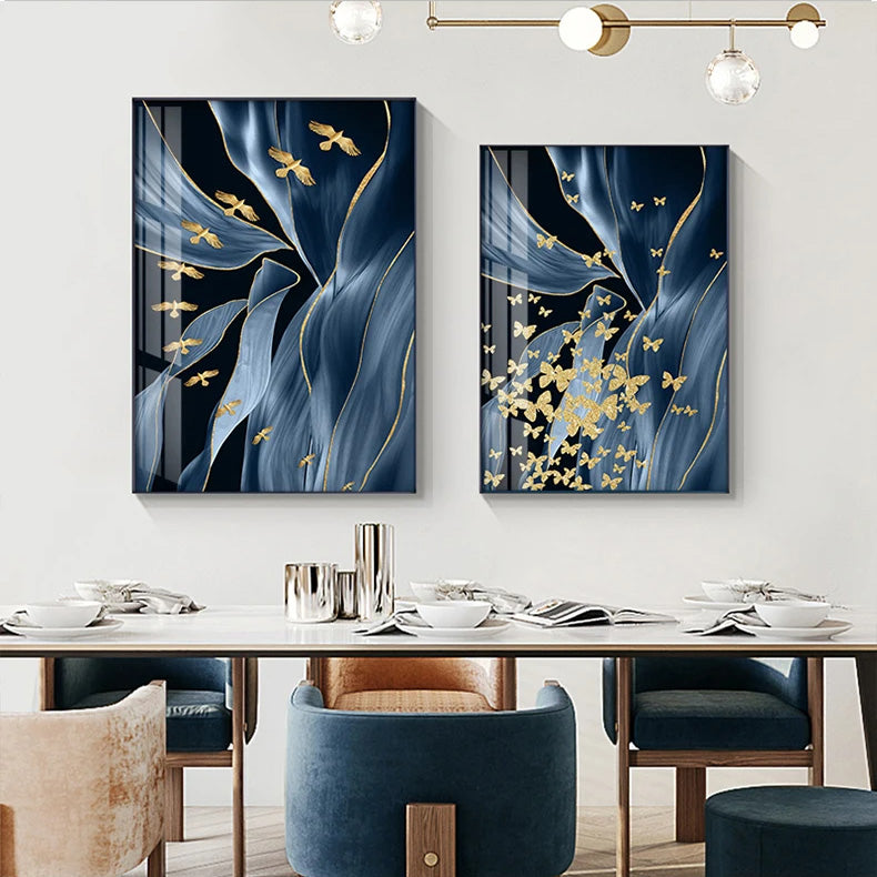 Blue Floral Abstract Golden Birds Butterflies Wall Art Fine Art Canvas Prints Modern Pictures For Luxury Living Room Bedroom Home Decor