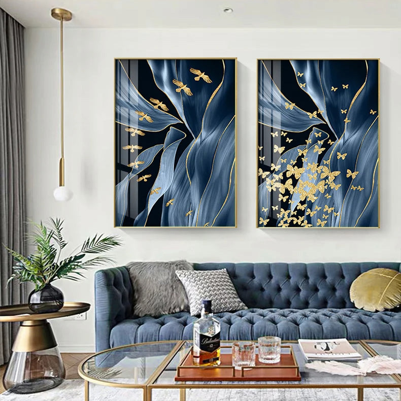 Blue Floral Abstract Golden Birds Butterflies Wall Art Fine Art Canvas Prints Modern Pictures For Luxury Living Room Bedroom Home Decor