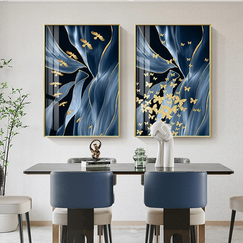 Blue Floral Abstract Golden Birds Butterflies Wall Art Fine Art Canvas Prints Modern Pictures For Luxury Living Room Bedroom Home Decor