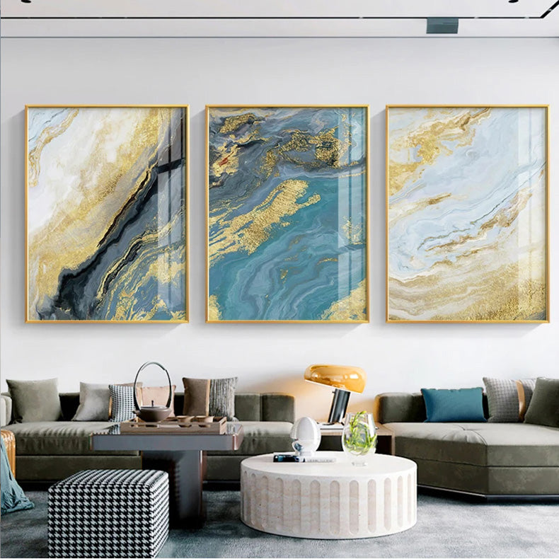 Blue Liquid Marble Golden Sand Wall Art Fine Art Canvas Prints Modern Abstract Pictures For Luxury Living Room Dining Room Hotel Room Art Decor