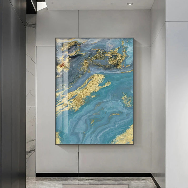 Blue Liquid Marble Golden Sand Wall Art Fine Art Canvas Prints Modern Abstract Pictures For Luxury Living Room Dining Room Hotel Room Art Decor