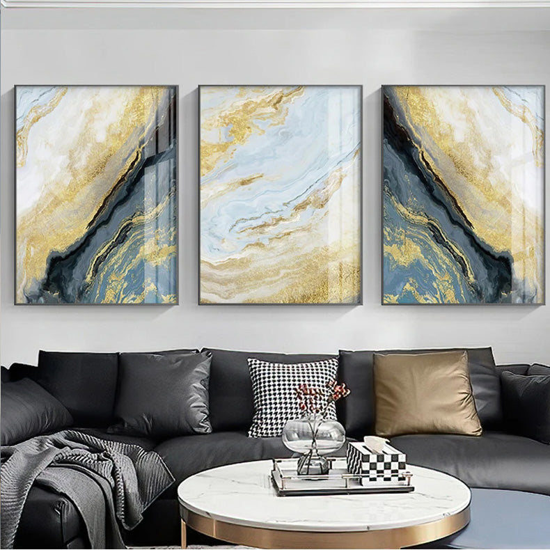 Blue Liquid Marble Golden Sand Wall Art Fine Art Canvas Prints Modern Abstract Pictures For Luxury Living Room Dining Room Hotel Room Art Decor