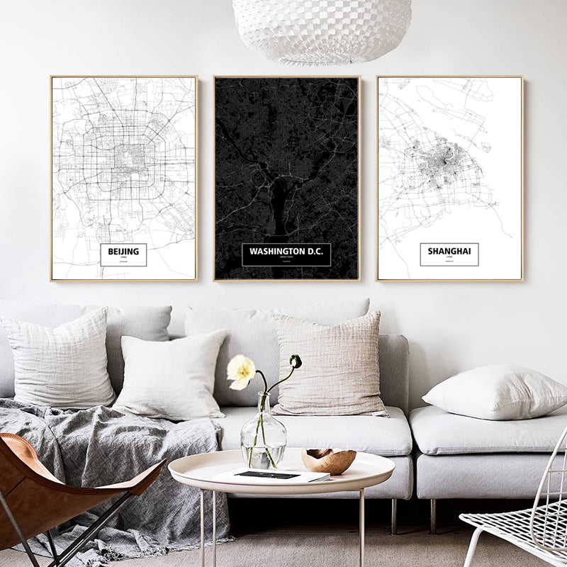 City Wall Map Art Posters Modern City Map Art Abstract Minimalist Black White Canvas Posters Prints Pictures for Modern Home Office Decoration
