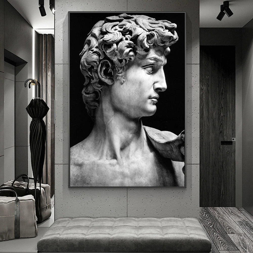 Classical Renaissance Sculpture Michelangelo David Statue Wall Art Fine Art Canvas Print Black & White Picture For Living Room Home Office Decor