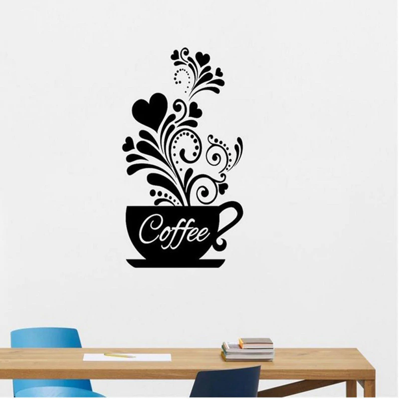 Coffee Cup Wall Art Mural Removable PVC Wall Decal For Kitchen Wall Cafe Decor DIY Creative Coffee Shop Decor Wall Art Decal For Coffee Room