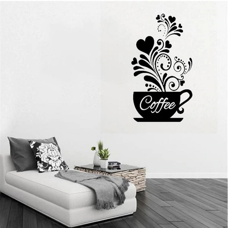 Coffee Cup Wall Art Mural Removable PVC Wall Decal For Kitchen Wall Cafe Decor DIY Creative Coffee Shop Decor Wall Art Decal For Coffee Room