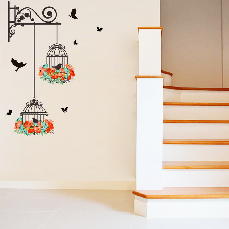 Colorful Floral Birdcage With Flying Birds Wall Decal Removable PVC Wall Mural For Kitchen Living Room Dining Room Creative Simple DIY Wall Art Home Decor