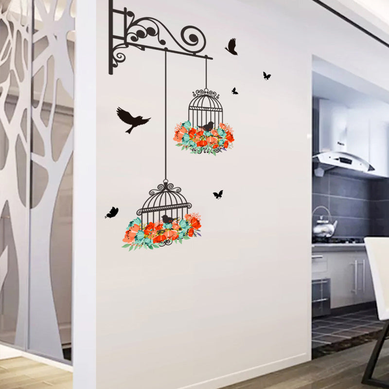 Colorful Floral Birdcage With Flying Birds Wall Decal Removable PVC Wall Mural For Kitchen Living Room Dining Room Creative Simple DIY Wall Art Home Decor