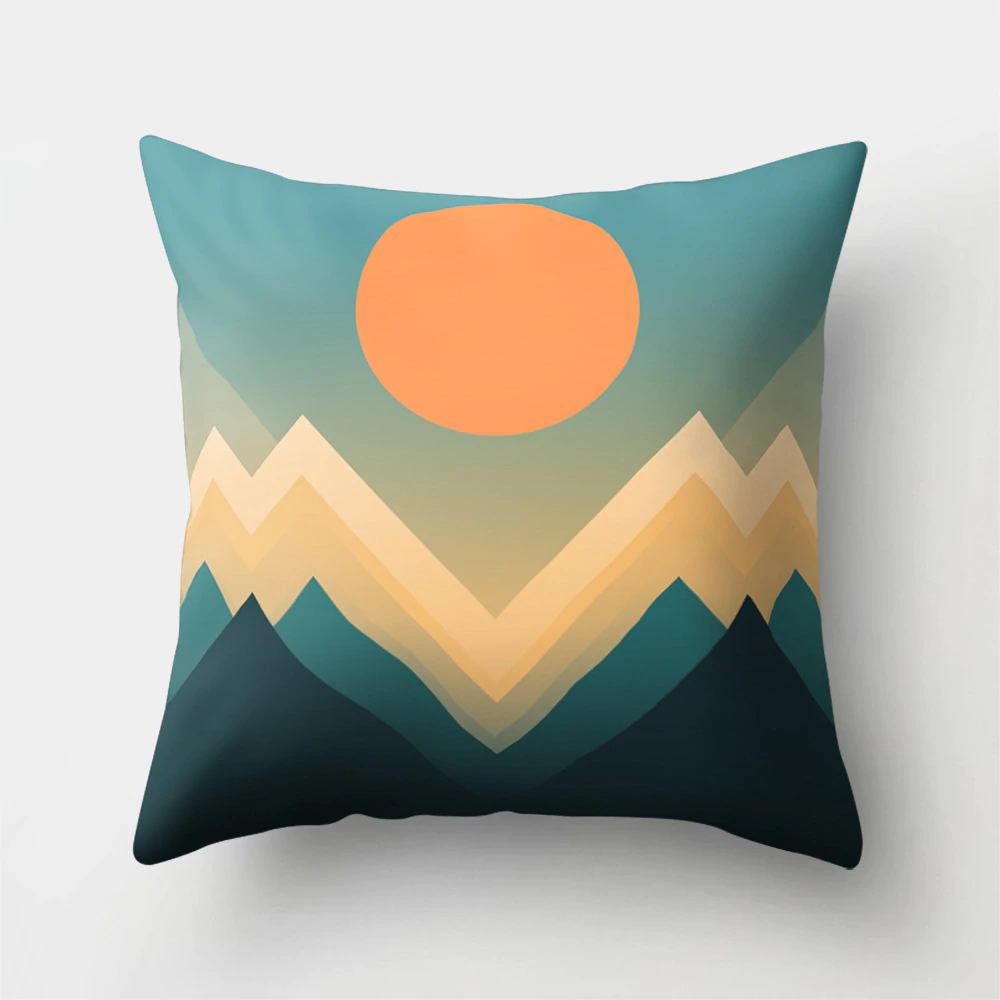 Colorful Nordic Style Sunrise Moon & Mountain Floral Landscape Geometric Abstract Patterned Retro Geometric Cushion Cover Sofa Pillow Case