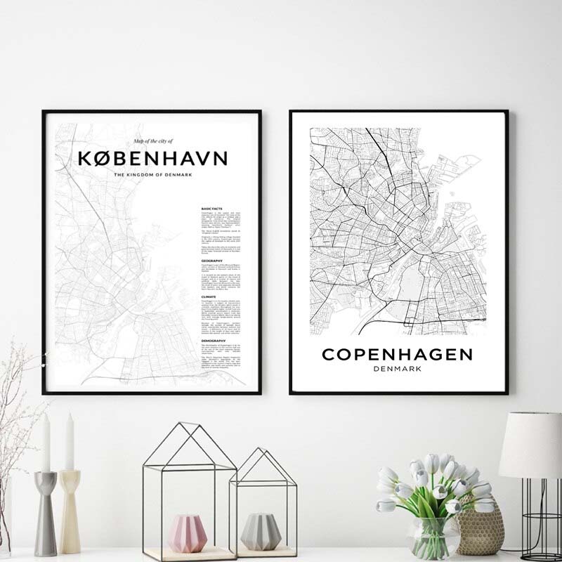 Copenhagen City Map Wall Art White Minimal Canvas Art Print Fine Black –