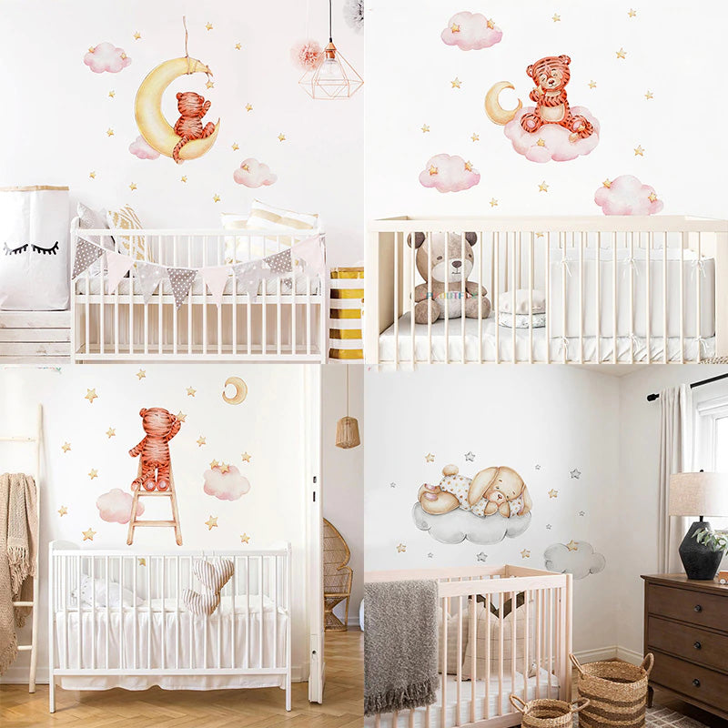 Cute Animals Moon And Stars Wall Murals For Children's Room Removable Self Adhesive Vinyl Wall Decal For Babys Nursery Creative DIY Home Decor