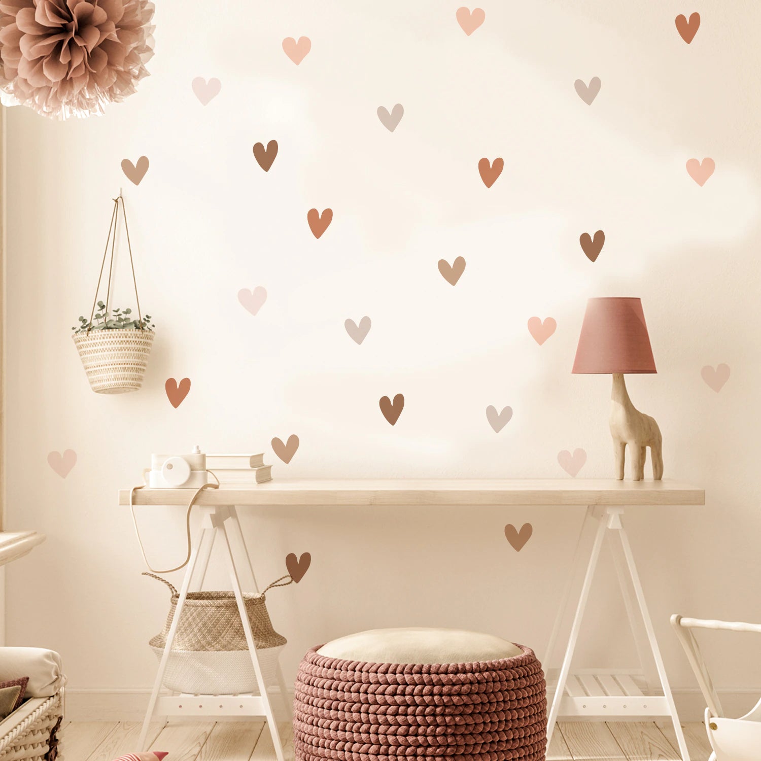Cute Bohemian Hearts Wall Decals Neutral Colors Beige Brown Pink Hearts Removable PVC Wall Stickers For Baby's Room Children's Bedroom Nursery Art Decor