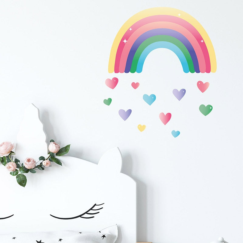 Cute Colorful Rainbow Hearts Wall Decal For Kids Room Removable PVC Vinyl Wall Mural For Children's Room Simple Creative DIY Nordic Nursery Wall Art Decor