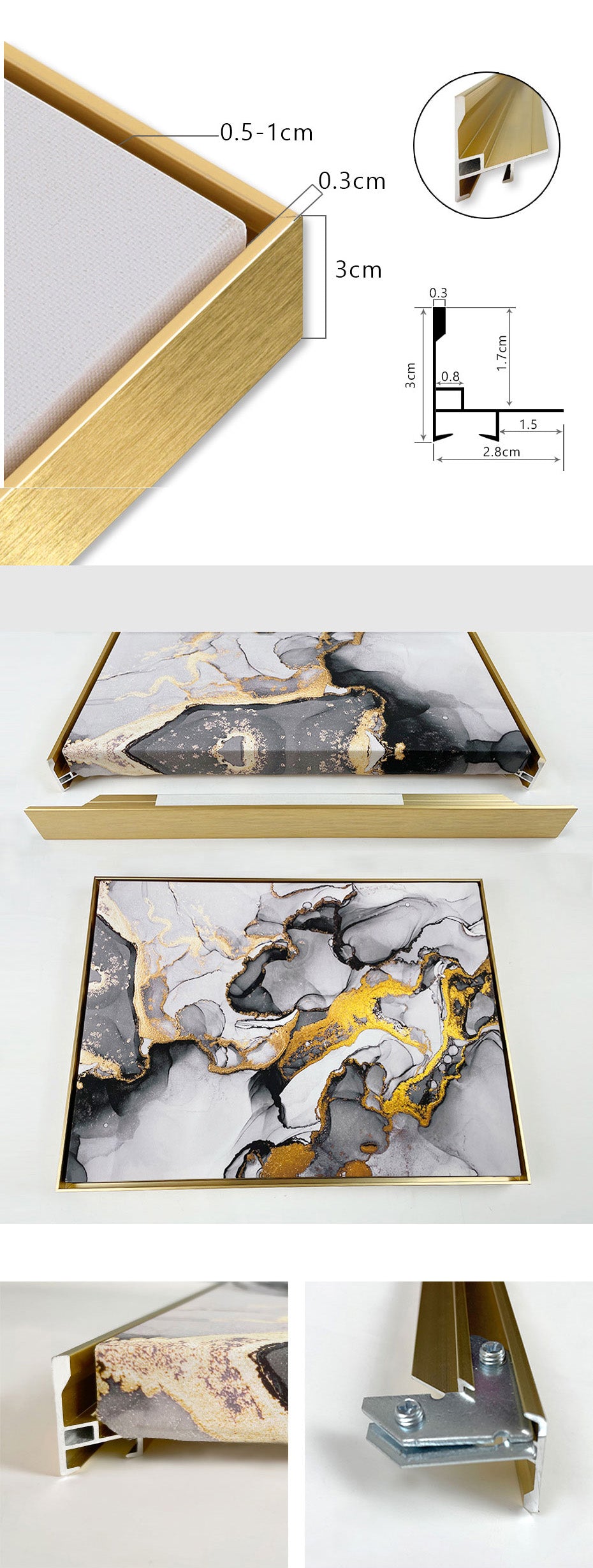DIY Gold Metal Floating Picture Frame Kit for Large Canvas Artwork (50x70cm or 60x90cm etc) Matte Black, Silver Frame - For Canvas Prints