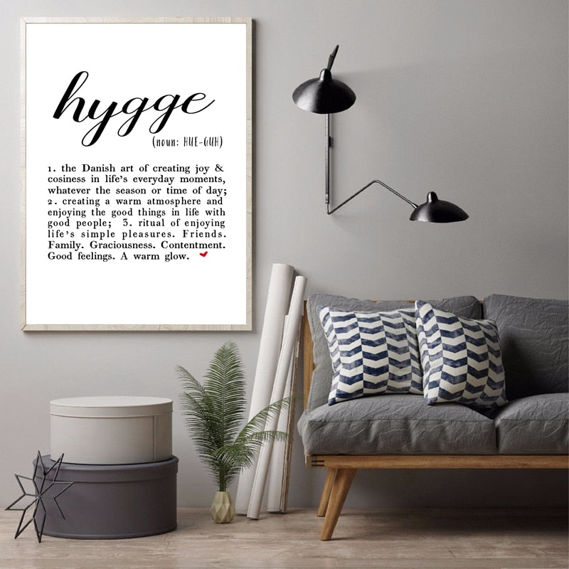 Definition of Hygge Danish Lifestyle Nordic Style Wall Art Fine Art Canvas Prints Minimalist Black White Typographic Monochrome Poster Scandinavian Home Decor
