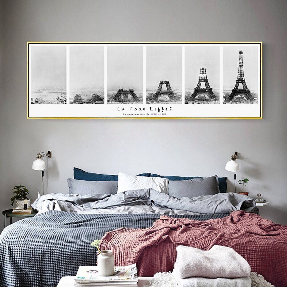 Eiffel Tower Construction Modern Abstract Black White Wall Art Canvas Architectural Painting Posters For Office or Living Room Home Decoration