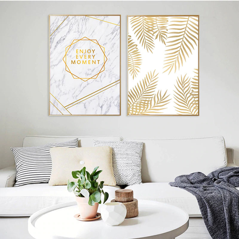 Enjoy Every Moment Quotation Wall Art Marble Background Golden Palm Leaf Fine Art Canvas Prints Nordic Posters For Living Room Bedroom Wall Art Decor