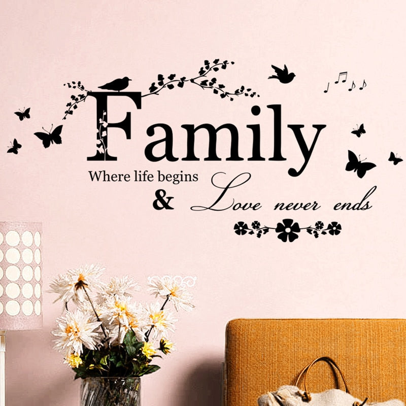 Family Where Life Begins Love Never Ends Inspirational Words Wall Decal For Living Room Wall Removable PVC Vinyl Wall Mural Creative DIY Home Decor