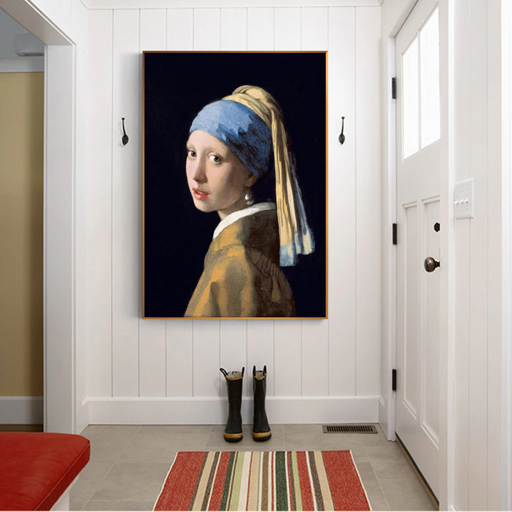 Famous Painting Girl With a Pearl Earring by Jan Vermeer, Dutch Golden Age Oil Painting Fine Art Canvas Print Posters For Home Decor