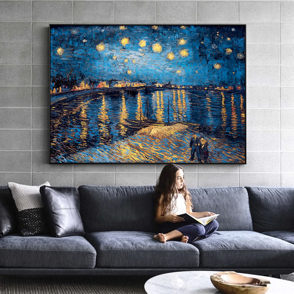 Famous Paintings Reproduction Van Gogh Starry Night Over The Rhone  Post-Impressionist Fine Art Canvas Print For Living Room Wall Decor