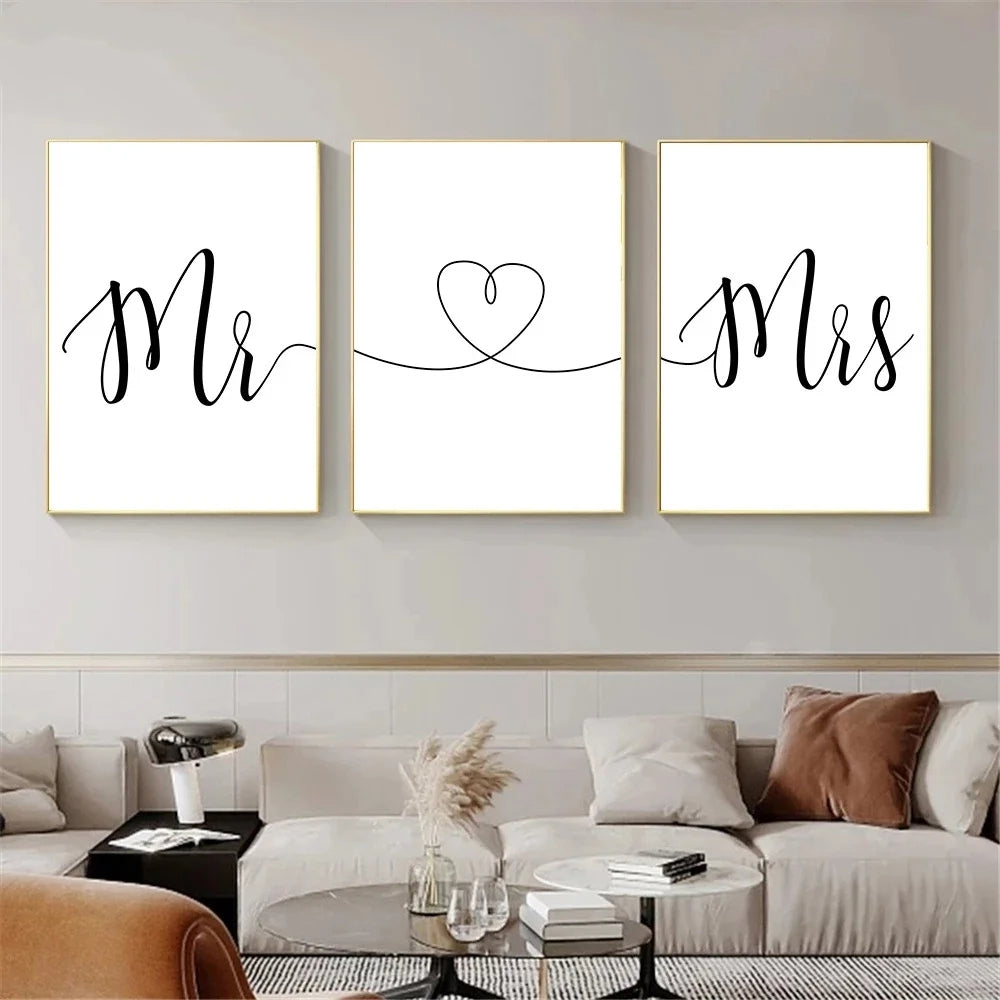 Mr & Mrs Love Heart Posters Black White Wall Art Fine Art Canvas Prints Minimalist Pictures For Bedroom Living Room Decor