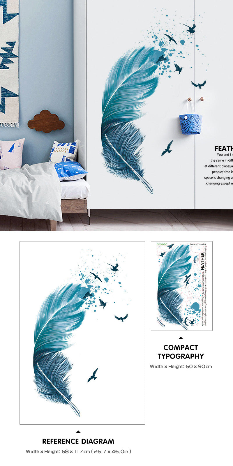 Freedom Birds Feather Wall Decor Murals Removable PVC Self Adhesive Dream Feathers Decals For Living Room Bedroom Wall Art Creative DIY Home Decor