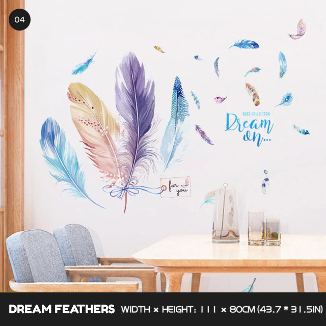 Freedom Birds Feather Wall Decor Murals Removable PVC Self Adhesive Dream Feathers Decals For Living Room Bedroom Wall Art Creative DIY Home Decor