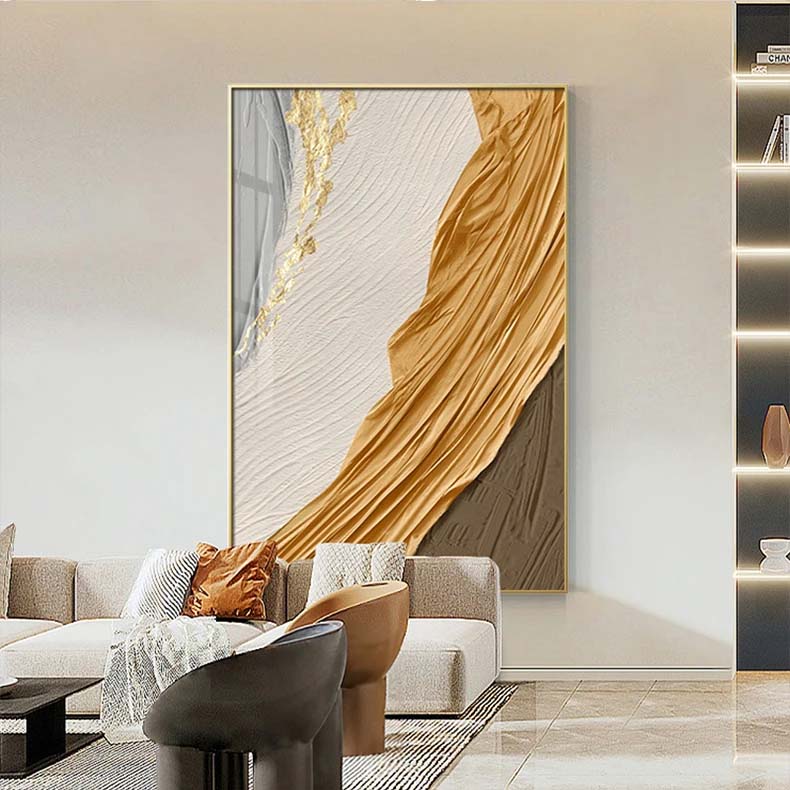 Golden Brown Beige Abstract Wall Art Flowing Silk Fine Art Canvas Prints Pictures For Luxury Penthouse Living Room Apartment Decor