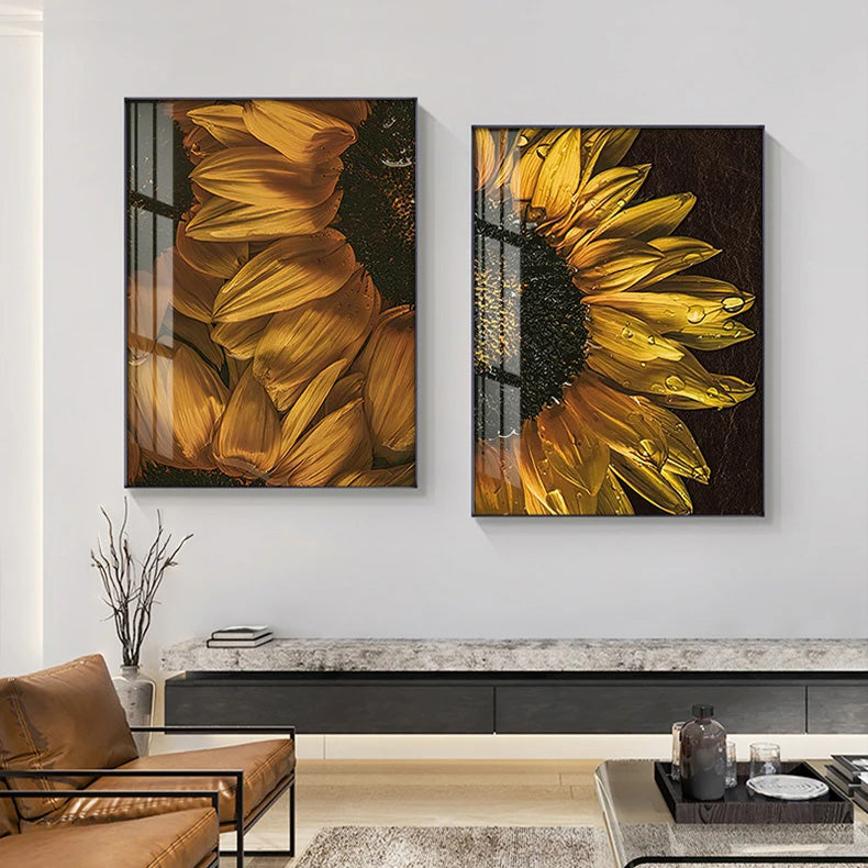 Golden Sunflower Abstract Floral Wall Art Fine Art Canvas Prints Modern Botanical Pictures For Living Room Dining Room Home Office Decor