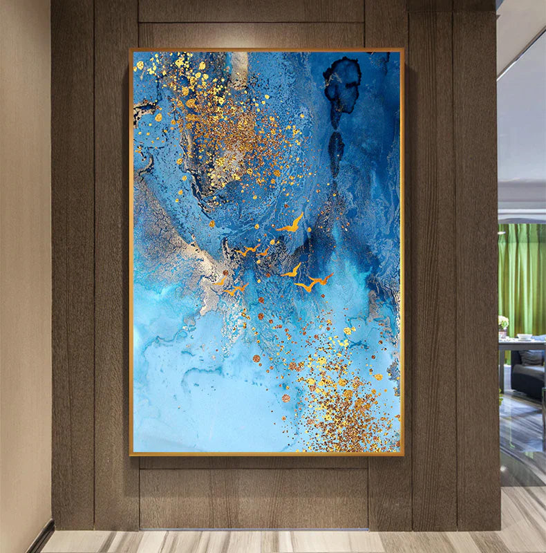 Golden Blue Sea Wall Art Fine Art Canvas Print Modern Abstract Marble Design Picture For Office Interior Living Room Luxury Art Decor