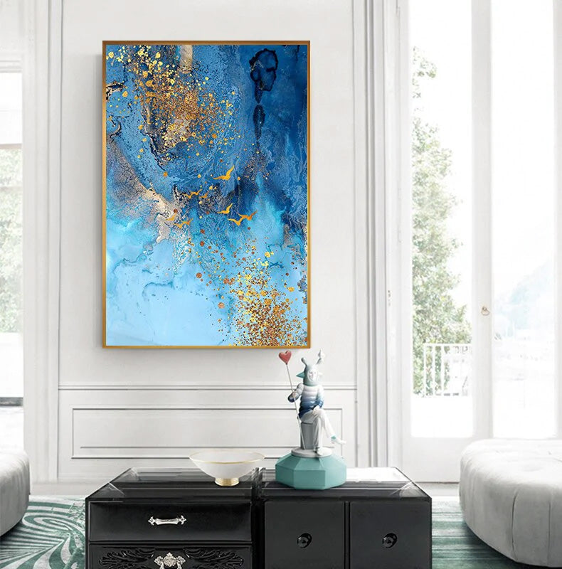 Golden Blue Sea Wall Art Fine Art Canvas Print Modern Abstract Marble Design Picture For Office Interior Living Room Luxury Art Decor