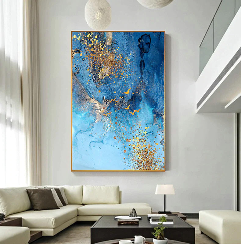 Golden Blue Sea Wall Art Fine Art Canvas Print Modern Abstract Marble Design Picture For Office Interior Living Room Luxury Art Decor