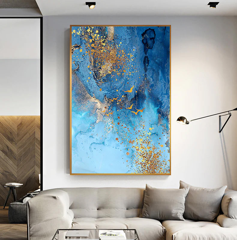 Golden Blue Sea Wall Art Fine Art Canvas Print Modern Abstract Marble Design Picture For Office Interior Living Room Luxury Art Decor